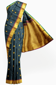 Kanchi pure silk saree in black with peacock & elephant motifs