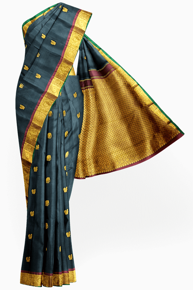 Kanchi pure silk saree in black with peacock & elephant motifs