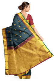 Kanchi pure silk saree in black with peacock & elephant motifs