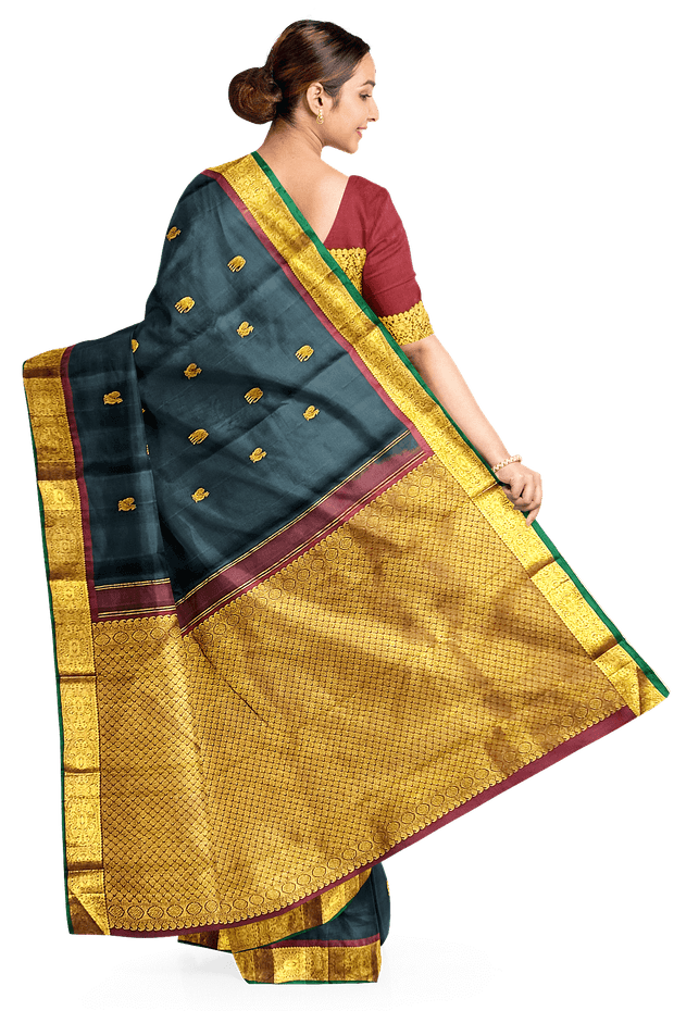 Kanchi pure silk saree in black with peacock & elephant motifs