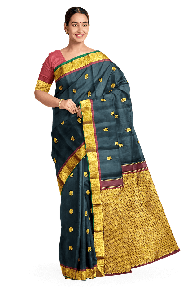 Kanchi pure silk saree in black with peacock & elephant motifs