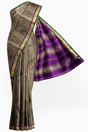 Kanchi pure silk saree in grey shade with a striped contrast pallu