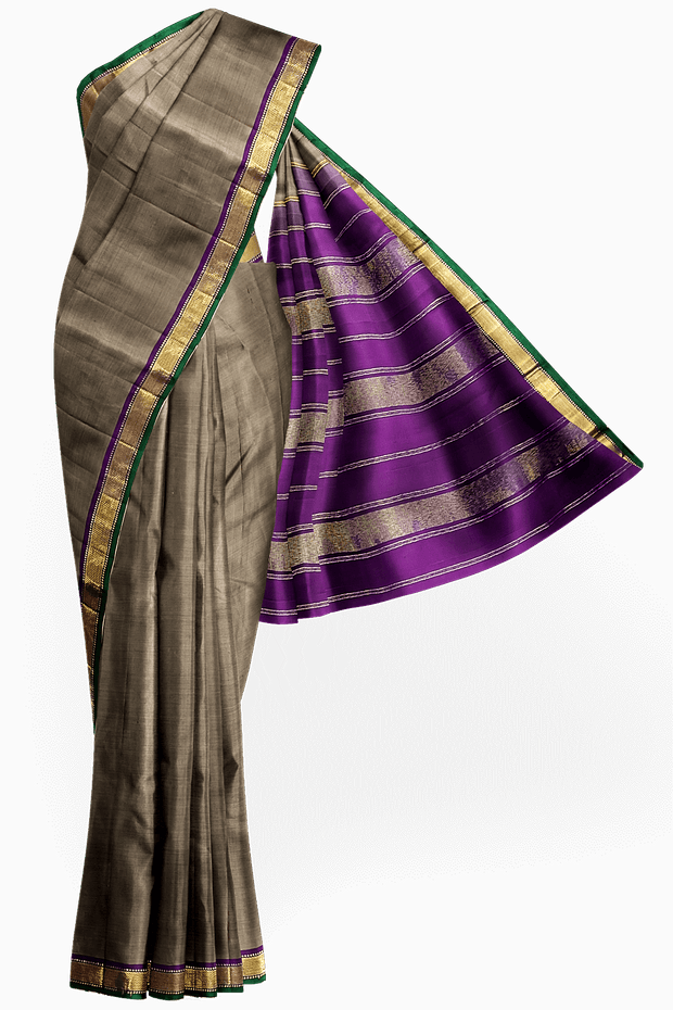 Kanchi pure silk saree in grey shade with a striped contrast pallu