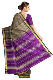 Kanchi pure silk saree in grey shade with a striped contrast pallu