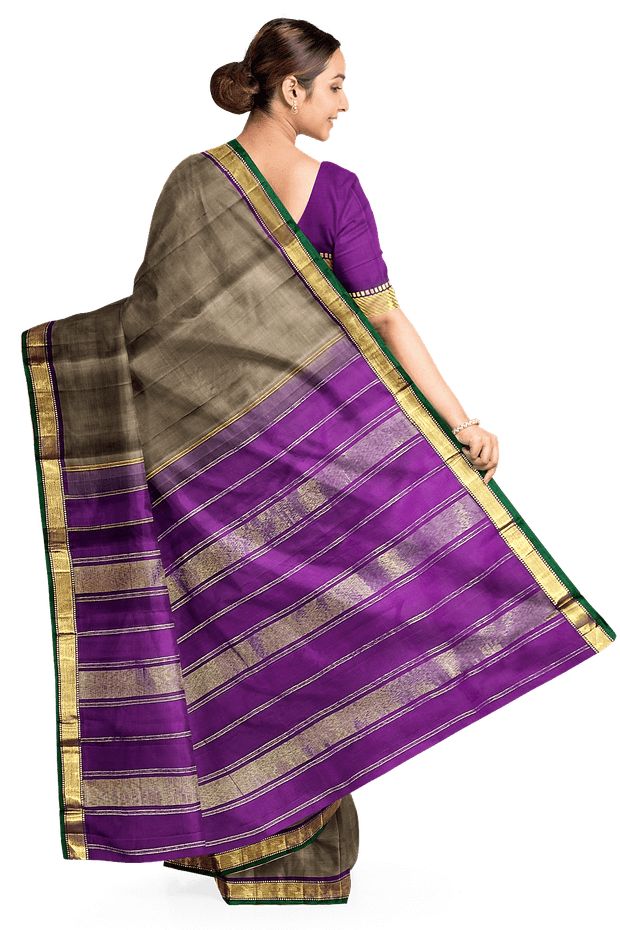 Kanchi pure silk saree in grey shade with a striped contrast pallu