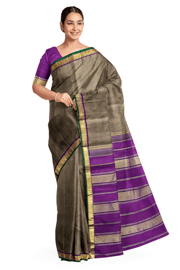 Kanchi pure silk saree in grey shade with a striped contrast pallu