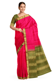 Kanchi  pure silk saree in pink with a striped contrast pallu