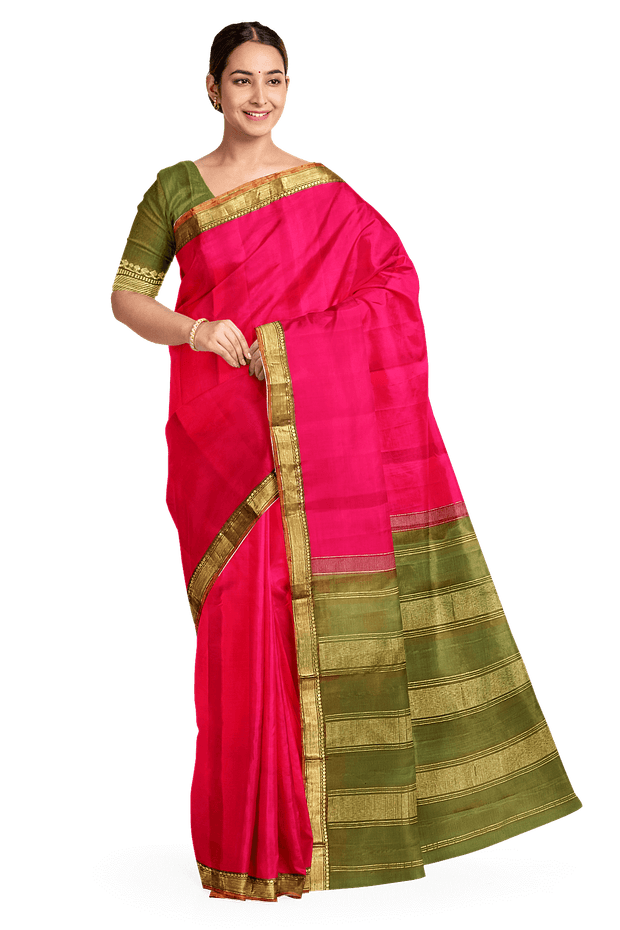 Kanchi  pure silk saree in pink with a striped contrast pallu