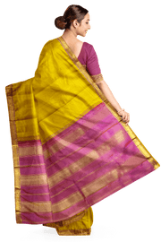 Kanchi pure silk saree in lemon green with a striped contrast pallu