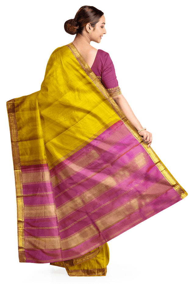 Kanchi pure silk saree in lemon green with a striped contrast pallu