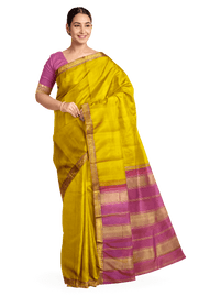 Kanchi pure silk saree in lemon green with a striped contrast pallu