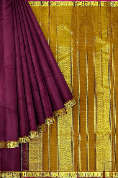 Kanchi pure silk saree in brown with a striped contrast pallu