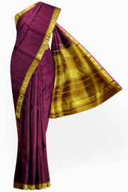 Kanchi pure silk saree in brown with a striped contrast pallu