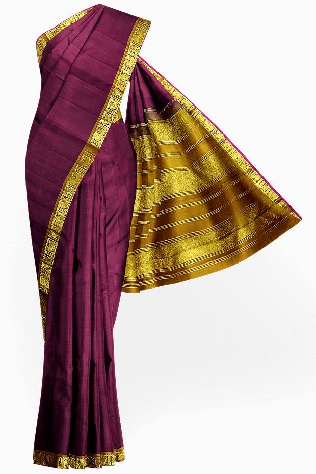 Kanchi pure silk saree in brown with a striped contrast pallu