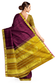 Kanchi pure silk saree in brown with a striped contrast pallu