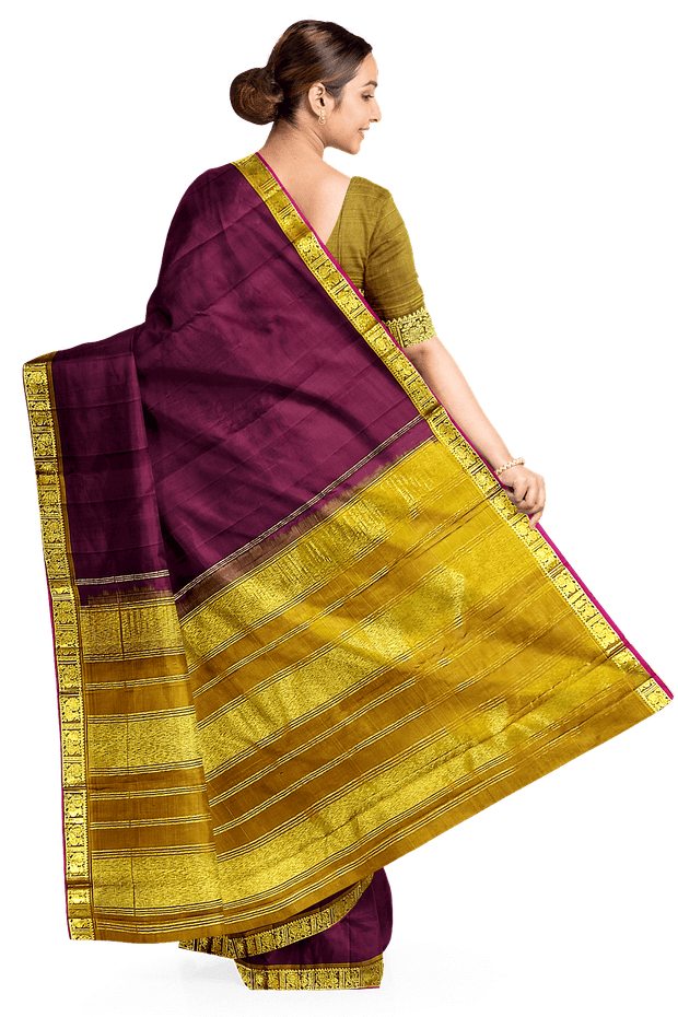 Kanchi pure silk saree in brown with a striped contrast pallu