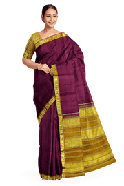 Kanchi pure silk saree in brown with a striped contrast pallu