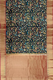 Kanchi pure silk  printed  kalamkari  dark green saree with floral & birds motifs .