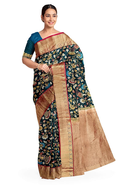 Kanchi pure silk  printed  kalamkari  dark green saree with floral & birds motifs .