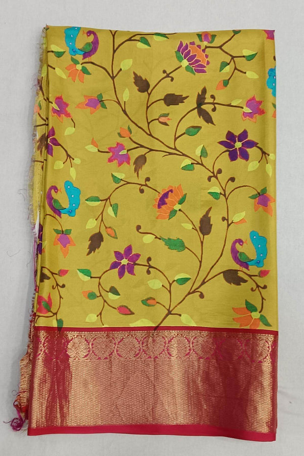 Kanchi pure silk floral printed lemon yellow saree with lotus vines & peacocks.