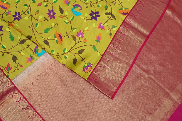 Kanchi pure silk floral printed lemon yellow saree with lotus vines & peacocks.