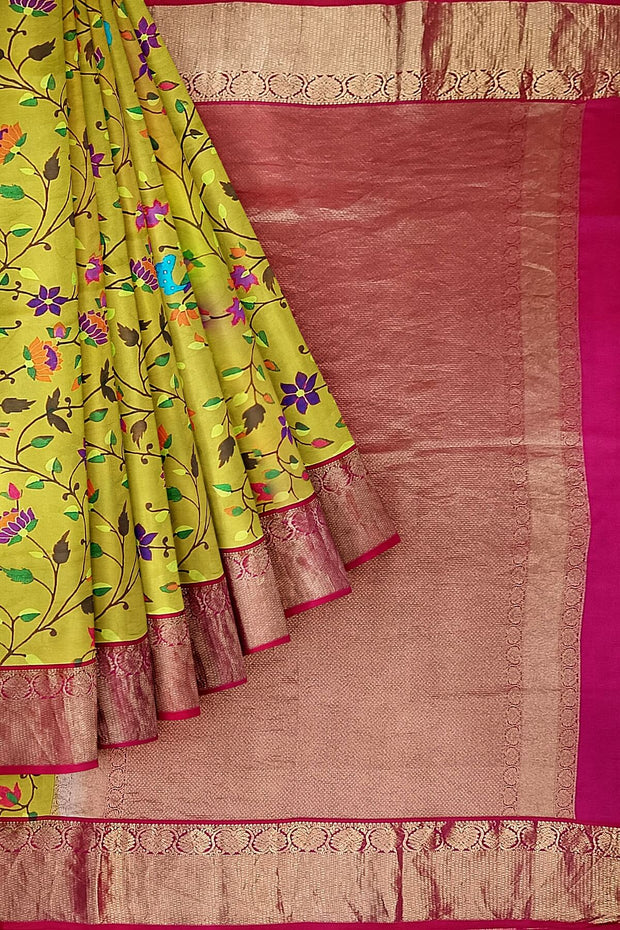 Kanchi pure silk floral printed lemon yellow saree with lotus vines & peacocks.