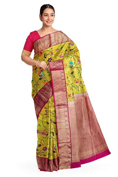 Kanchi pure silk floral printed lemon yellow saree with lotus vines & peacocks.