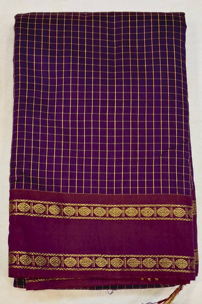 Fine checks silk cotton saree in violet with a purple border