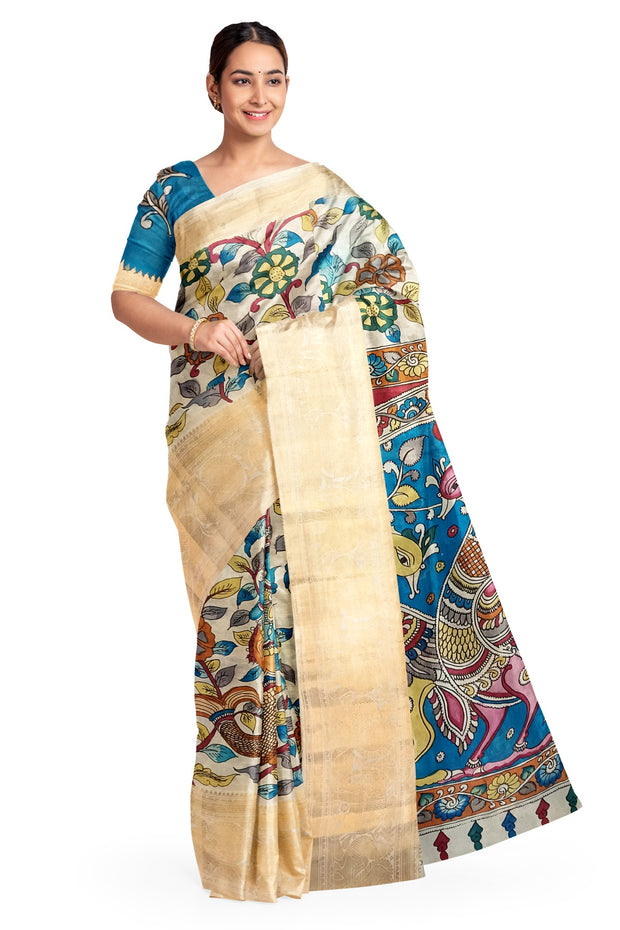 Hand painted kalamkari on Mangalgiri silk saree in off white.