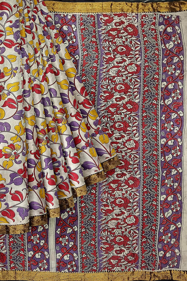 Mangalgiri silk saree in off white in kalamkari print and nizam border