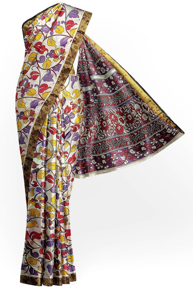 Mangalgiri silk saree in off white in kalamkari print and nizam border