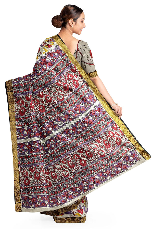 Mangalgiri silk saree in off white in kalamkari print and nizam border