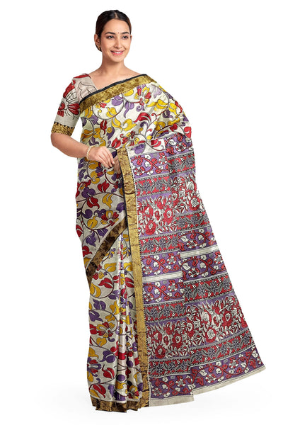 Mangalgiri silk saree in off white in kalamkari print and nizam border