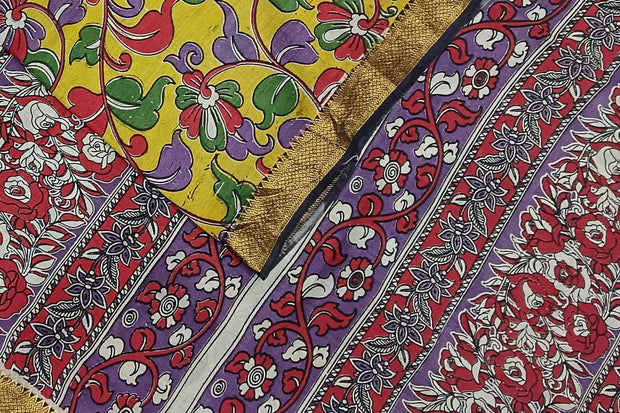 Mangalgiri silk saree in  mustard green in kalamkari print and nizam border