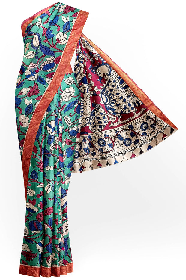 Mangalgiri silk saree in  teal green with kalamkari print and nizam border