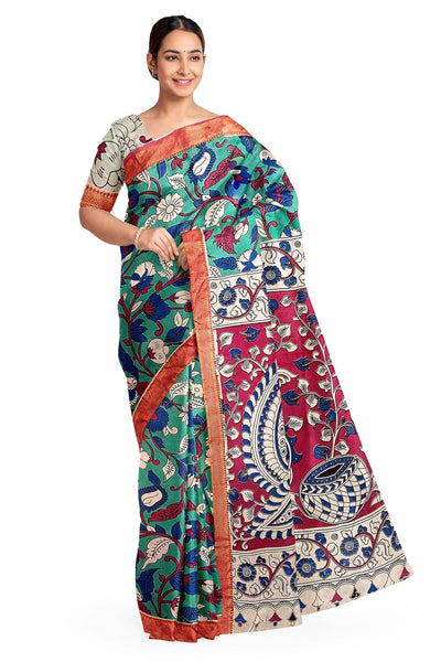 Mangalgiri silk saree in  teal green with kalamkari print and nizam border