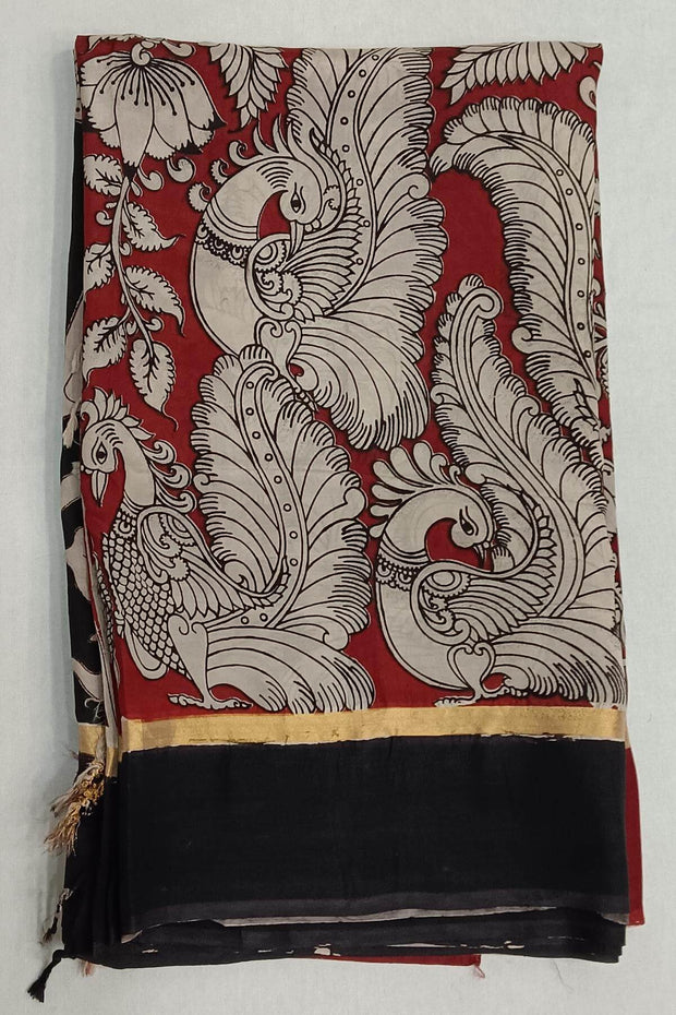 Mangalgiri silk saree in maroon  in kalamkari print with ganga jamuna border