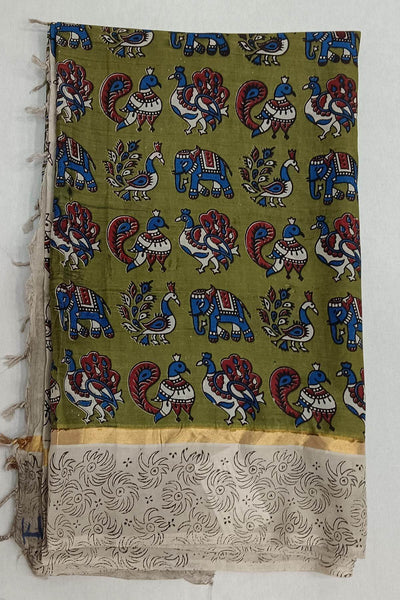 Mangalgiri silk saree in  green gram  in kalamkari print with contrast border