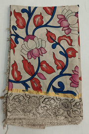 Mangalgiri silk saree in  beige  in kalamkari print with contrast border