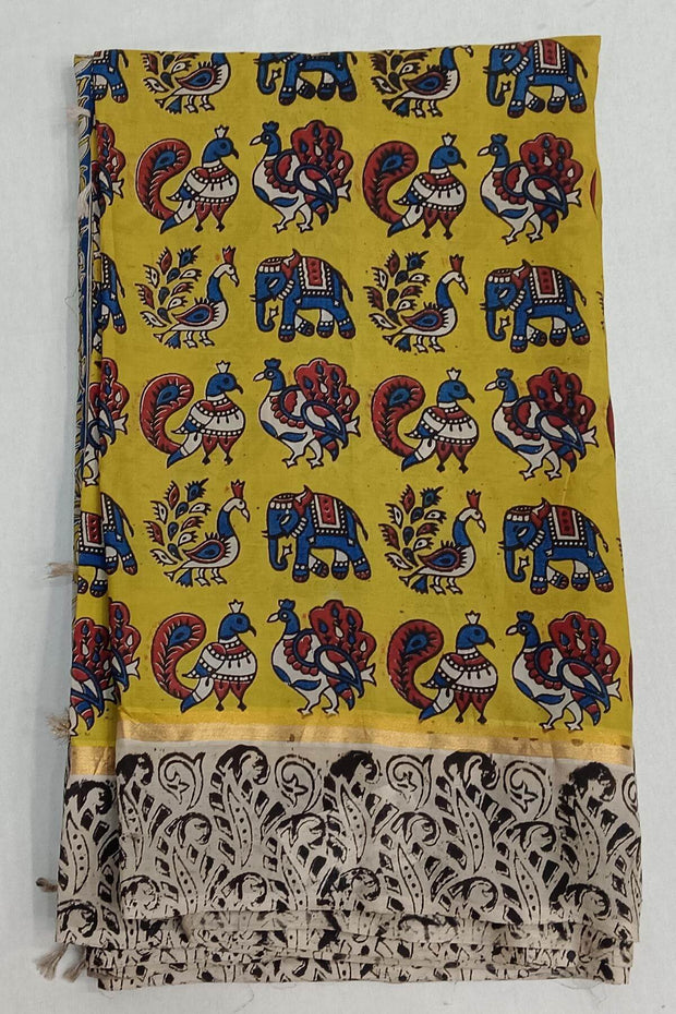 Mangalgiri silk saree in  mustard yellow  in kalamkari print with contrast border