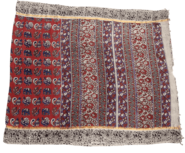 Mangalgiri silk saree in  red  in kalamkari print with contrast border