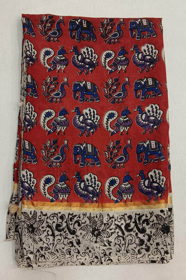 Mangalgiri silk saree in  red  in kalamkari print with contrast border