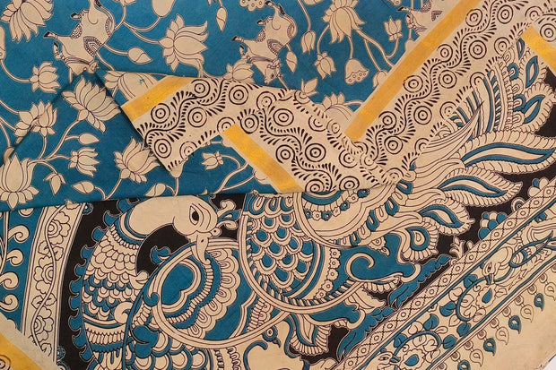 Mangalgiri silk cotton saree in  teal blue  with  kalamkari print