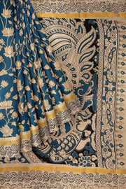 Mangalgiri silk cotton saree in  teal blue  with  kalamkari print