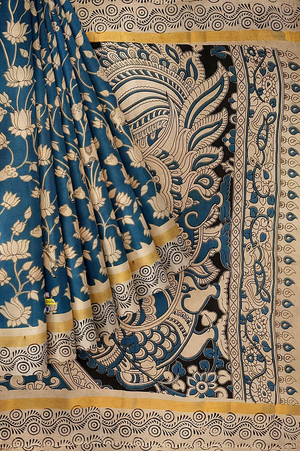 Mangalgiri silk cotton saree in  teal blue  with  kalamkari print