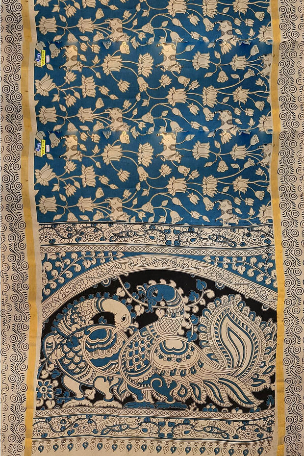 Mangalgiri silk cotton saree in  teal blue  with  kalamkari print