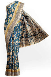 Mangalgiri silk cotton saree in  teal blue  with  kalamkari print