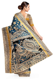 Mangalgiri silk cotton saree in  teal blue  with  kalamkari print