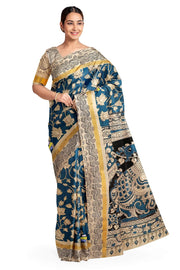 Mangalgiri silk cotton saree in  teal blue  with  kalamkari print