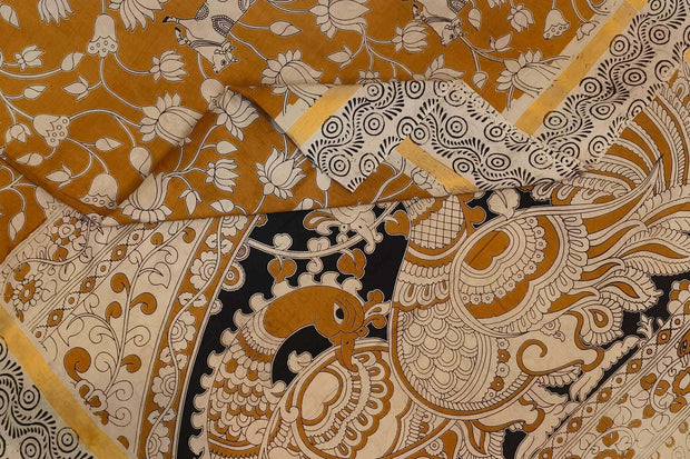 Mangalgiri silk cotton saree in mustard with  kalamkari print